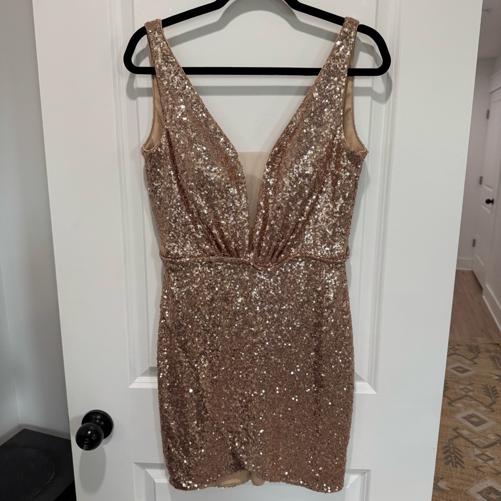 La Femme Beige and Gold Sequin Dress